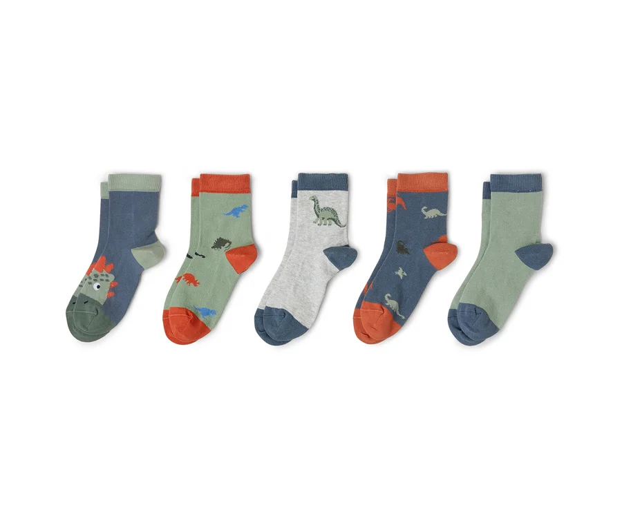 Cinq paires de chaussettes pour enfants avec différents motifs de dinosaures sont côte à côte.