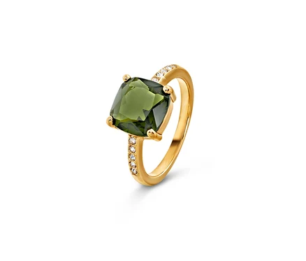 Bague Forest dorée avec cristal vert.