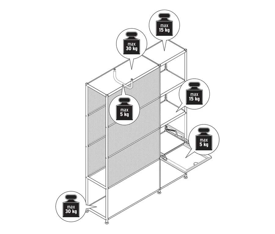 Schéma d'une armoire métallique « CN3 Slim Line » avec étagères et 2 compartiments à abattants. Il indique les limites de poids : étagères supérieures max. 15 kg, tringle gauche max. 5 kg, étagère inférieure gauche max. 30 kg, étagère centrale droite max. 15 kg et compartiment à abattant ouvert max. 5 kg.