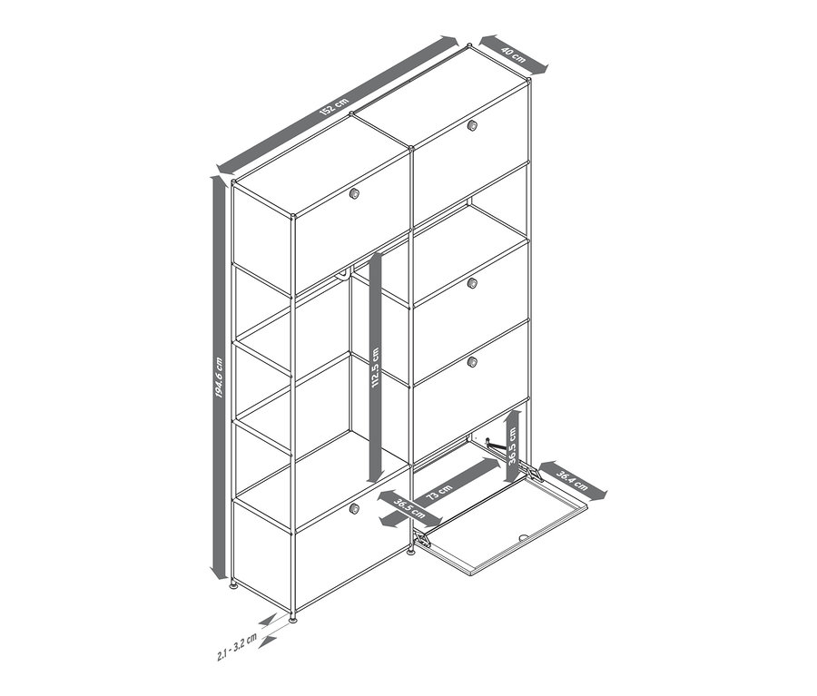 Schéma d'un système d'armoires en métal « CN3 » en noir, gris et blanc avec dimensions.