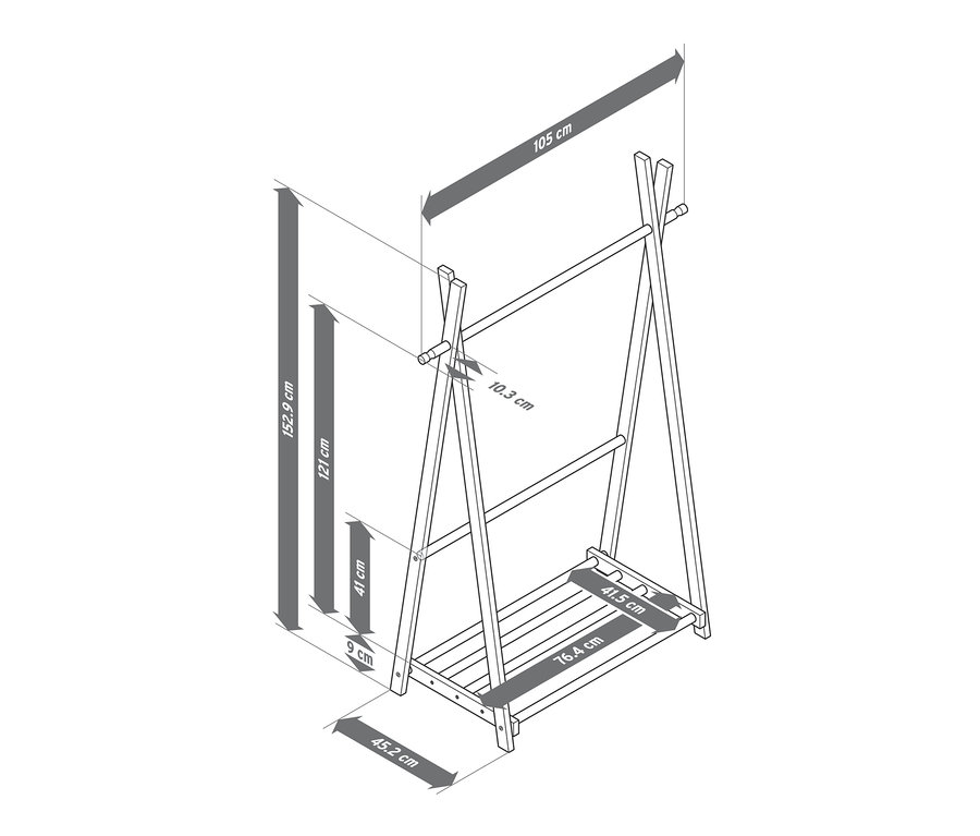 Schéma d'une tringle à vêtements en bois massif avec indications de dimensions.
