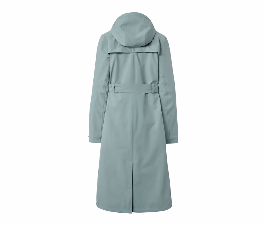 Vue arrière d'un trench-coat de pluie avec capuche et ceinture.