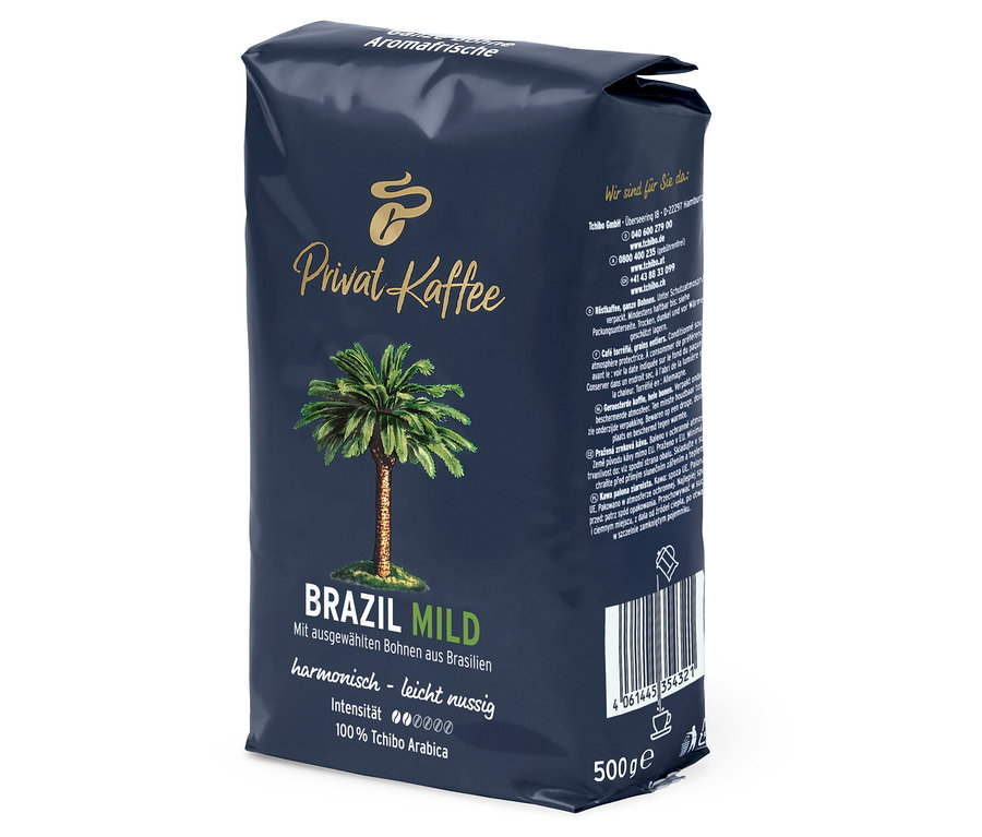 Un paquet de café en grains Privat Kaffee Brazil Mild de 500 g.