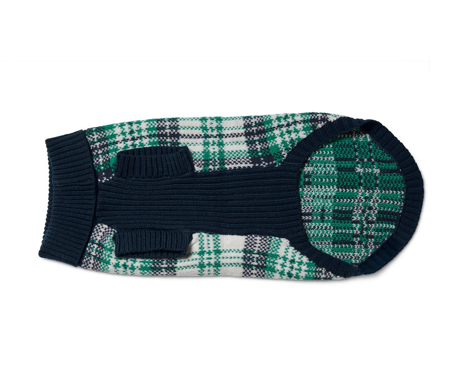 Pull pour chien à motif à carreaux vert, blanc et bleu marine.
