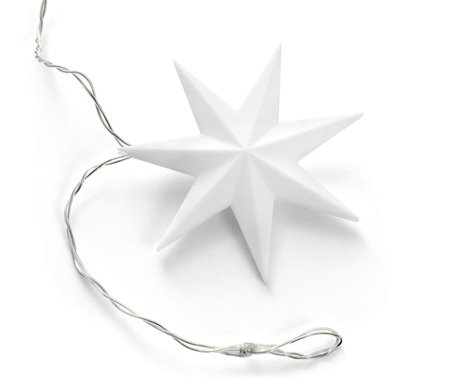 Une guirlande lumineuse à LED « étoiles » blanche, avec batterie, sur un fond blanc.
