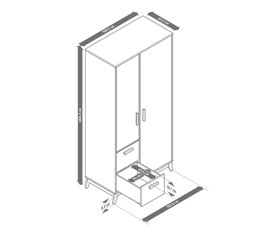 Schéma d'une armoire avec un tiroir ouvert et les dimensions indiquées.
