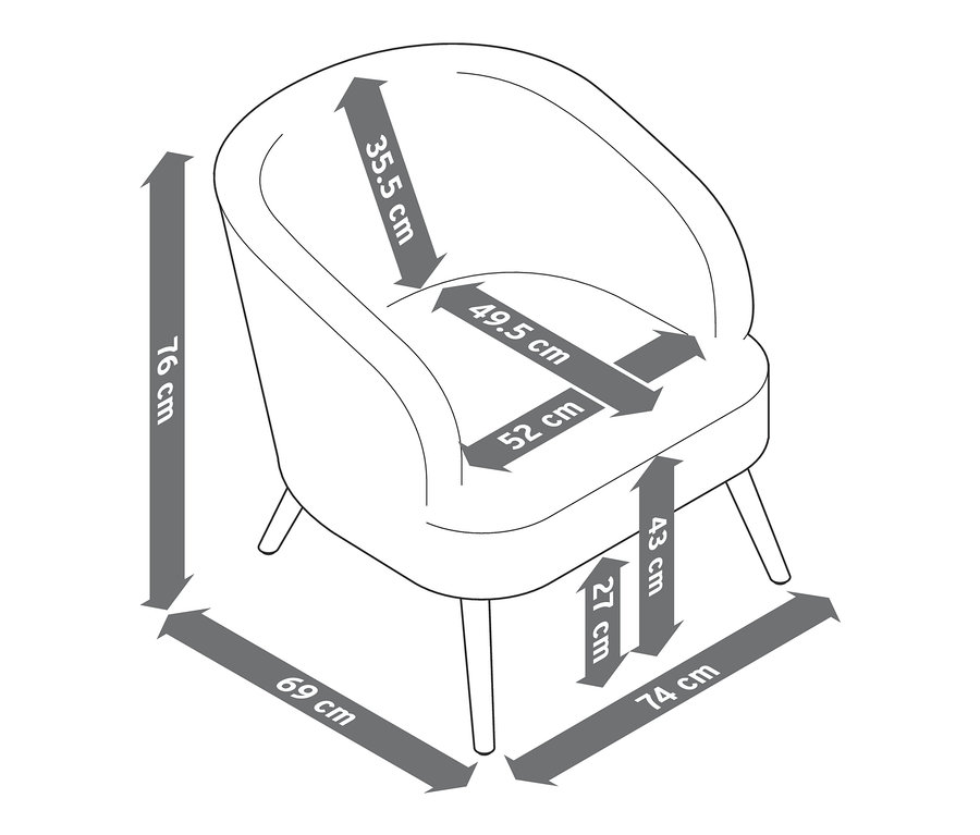 Schéma d'un fauteuil bouclette avec pieds en bois avec dimensions.