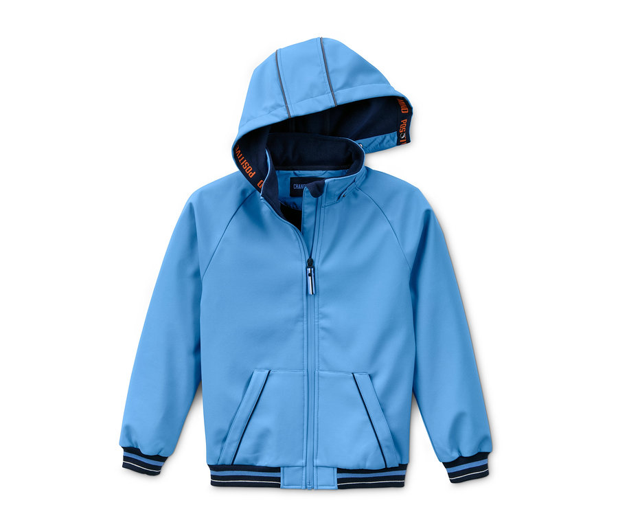 Veste softshell bleu clair avec des matériaux recyclés, capuche et fermeture éclair.