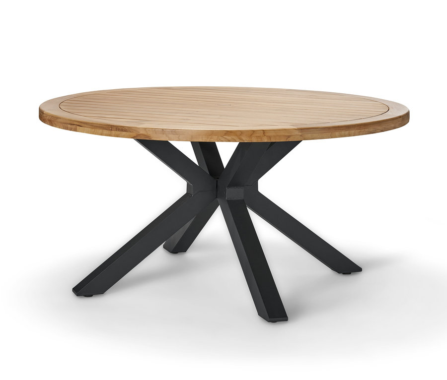 Table de salle à manger ronde en teck avec pieds noirs en forme de X.