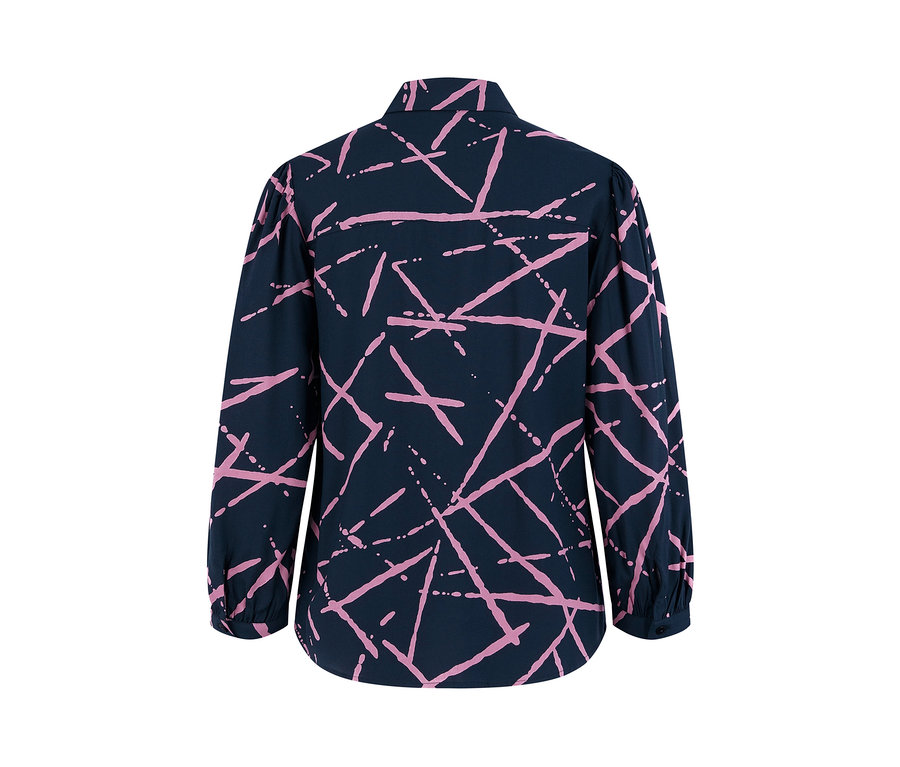 Chemisier bleu marine avec des motifs géométriques roses.