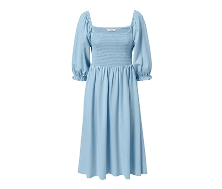 Robe en jersey bleu clair à manches bouffantes.