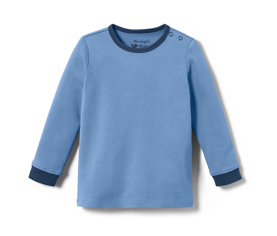 Pyjama interlock bleu pour petits enfants avec manches longues et ourlet bleu foncé.