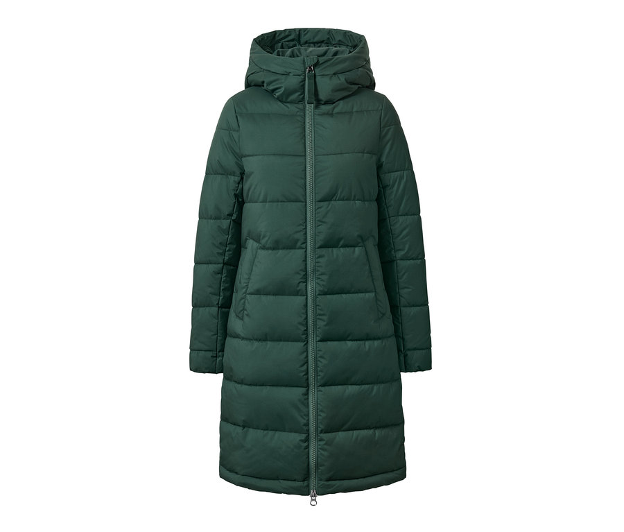 Manteau matelassé vert à capuche avec fermeture éclair.