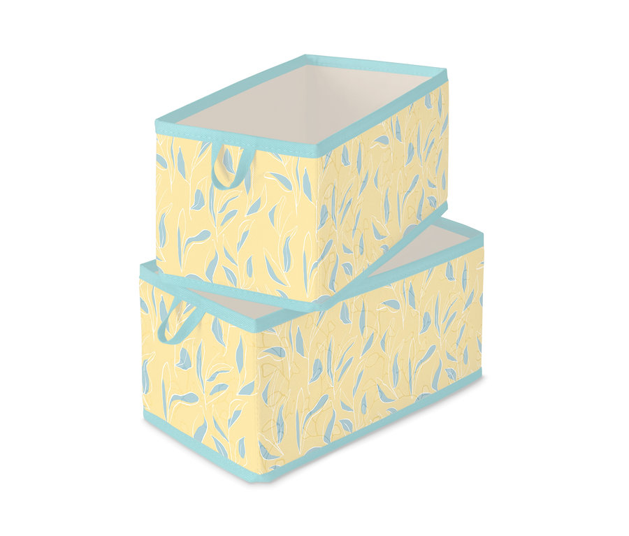 Deux boîtes de rangement pour tiroir moyennes sont empilées l'une sur l'autre. Les boîtes sont jaunes avec des feuilles bleues et des bordures bleu clair.