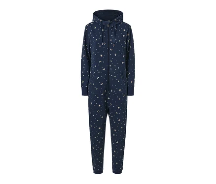 Combinaison d’intérieur bleu marine à capuche avec imprimé intégral d'étoiles et de lunes.