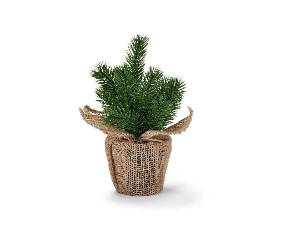 Petit sapin à LED dans un pot en jute.