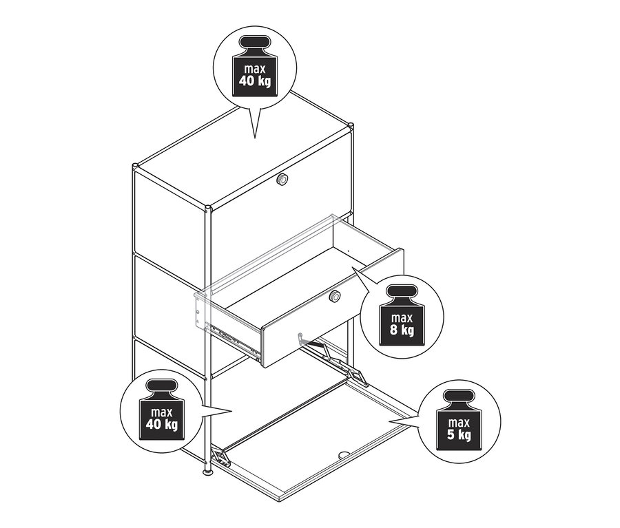 Schéma en noir et blanc d'une commode en métal « CN3 » avec deux abattants et deux tiroirs, dont un tiroir est ouvert.