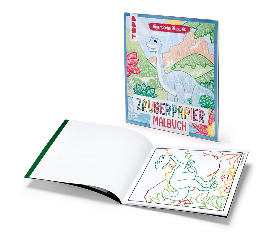 Deux livres
: «
Zauberpapier Malbuch ‒ Gigantische Dinowelt
» avec des dinosaures.