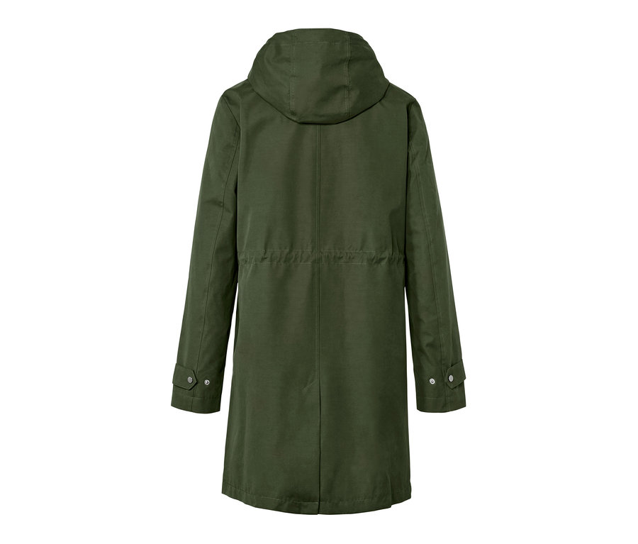 Vue arrière d'une parka à capuche verte.
