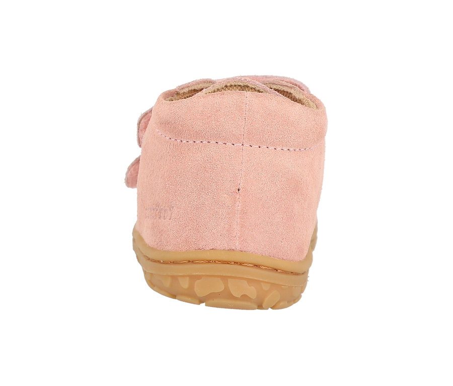 Vue détaillée de l'arrière de la chaussure de marche Lurchi « Barefoot », rose, avec semelle marron.