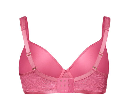 Gros plan d'un soutien-gorge Spacer rose avec une bande en dentelle, vue arrière.