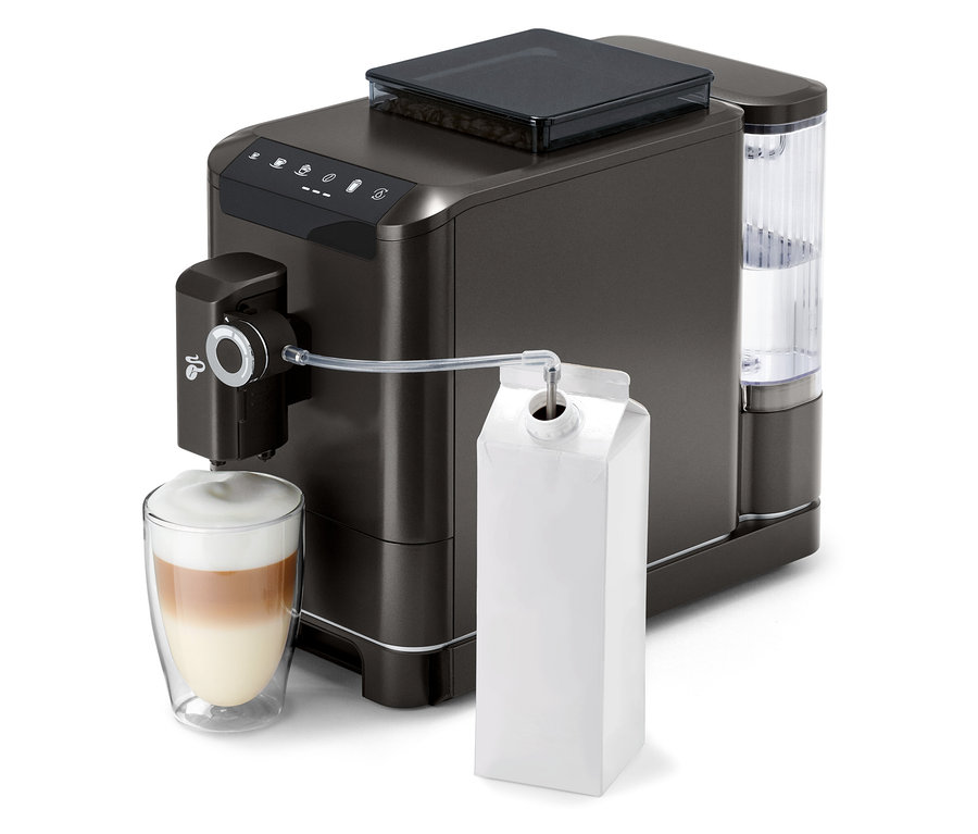 Machine à café « Esperto 2 Milk » Granite Black préparant une boisson dans un verre.