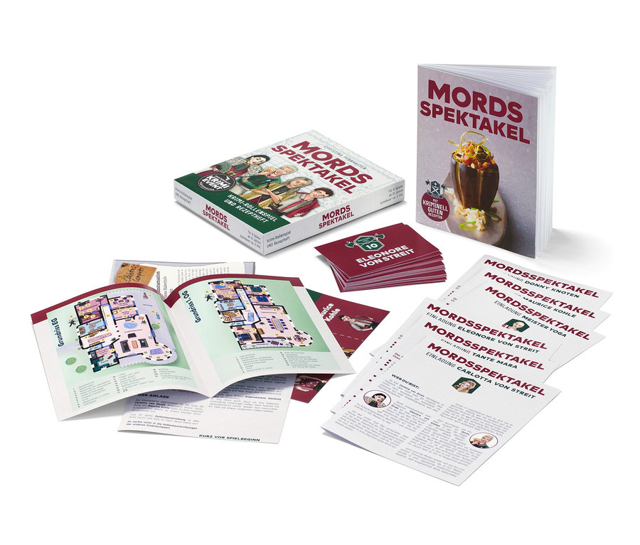 Composants étalés du jeu d'enquête criminelle « Mordspektakel » (en allemand) : boîte, livre de recettes, plans et cartes de personnages.