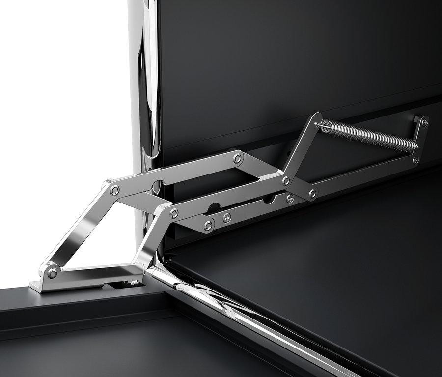 Gros plan du mécanisme d'ouverture d'une commode métallique noire CN3.