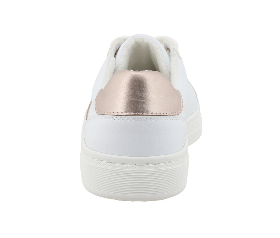 Vue arrière de baskets Tom Tailor en PU blanc et doré.