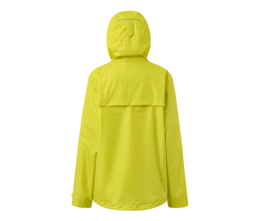 Vue arrière d'une veste de pluie jaune avec capuche.