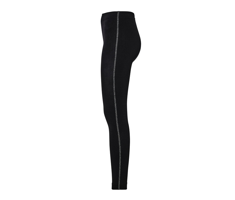 Legging thermique noir avec une bande scintillante sur le côté.