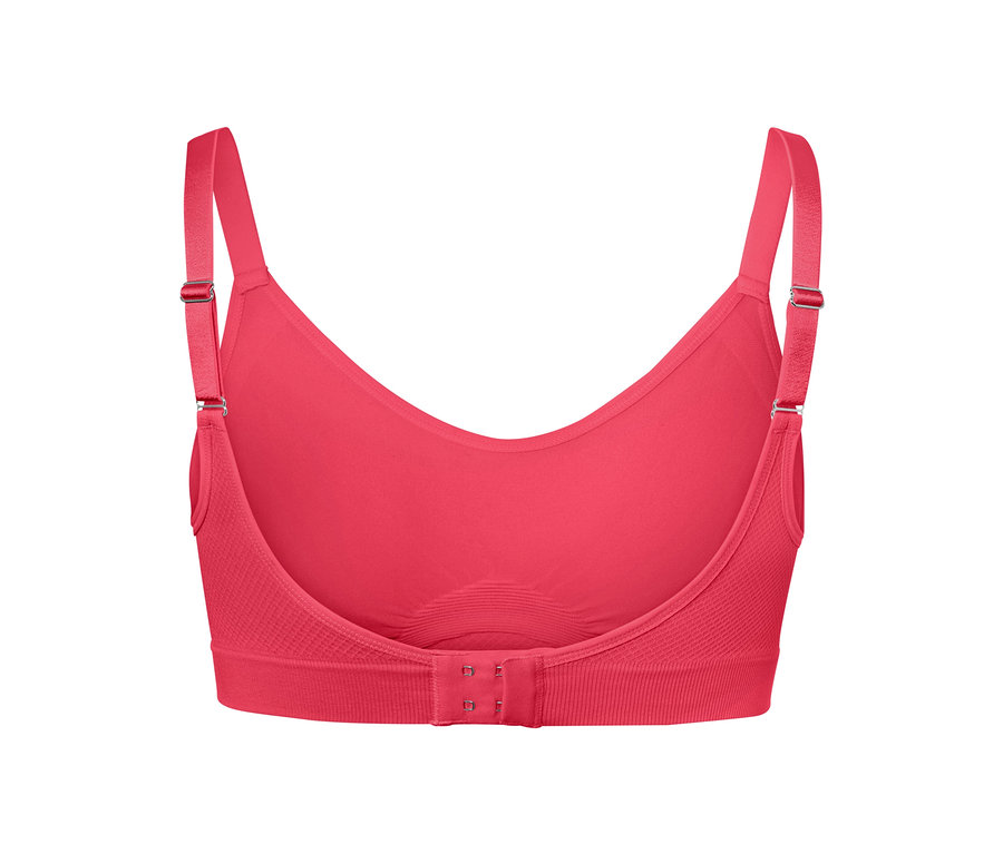 Vue détaillée de l'arrière d'un soutien-gorge de sport Seamless rose vif.
