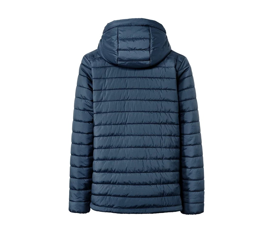 Veste matelassée à capuche bleu foncé vue de dos.