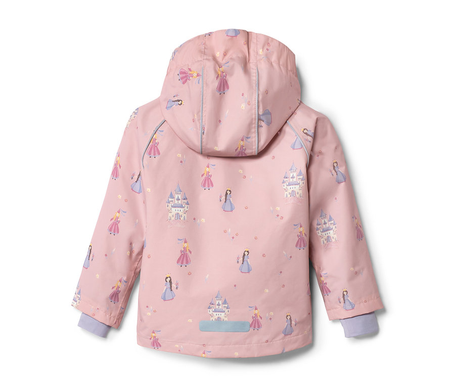 Veste de pluie rose pour enfant avec des motifs de princesses et de châteaux.