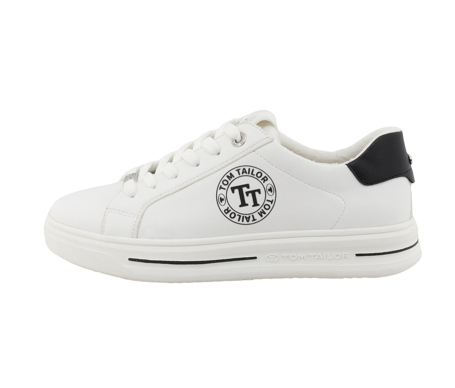 Vue détaillée de baskets Tom Tailor blanches et noires en PU.