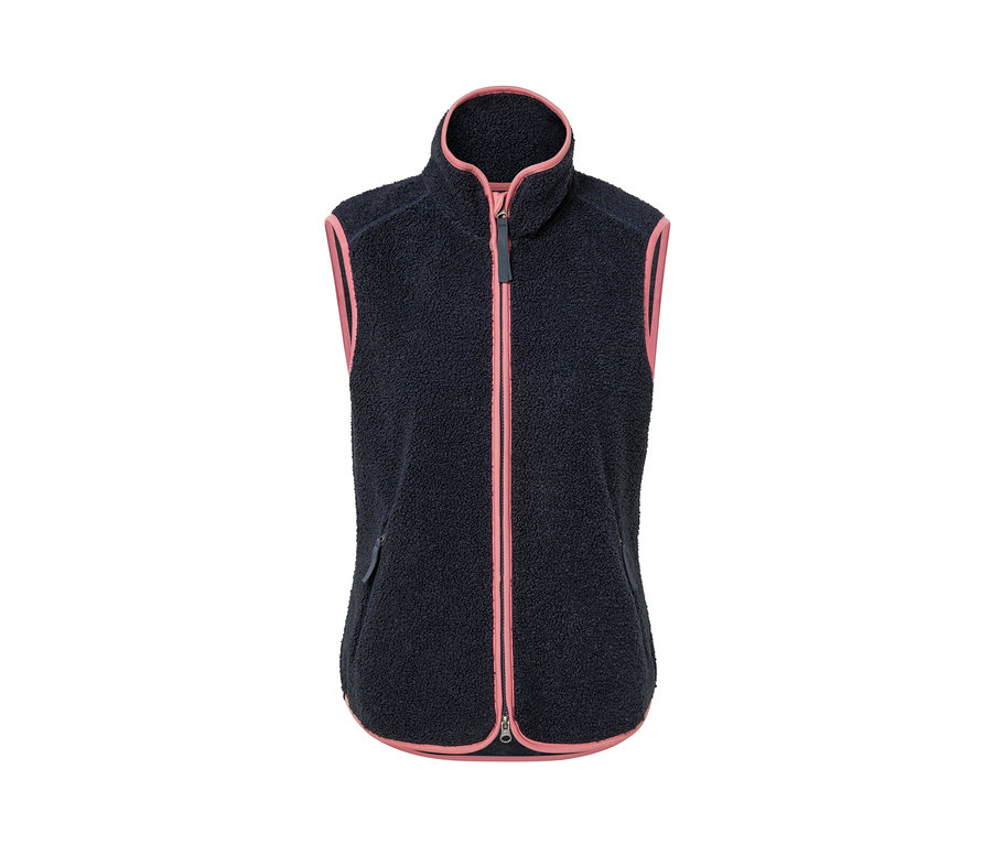 Gilet sans manches en peluche teddy bleu marine avec finitions roses.