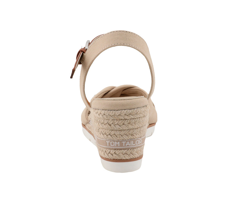Vue arrière d'une sandale compensée beige Tom Tailor en PU/textile.
