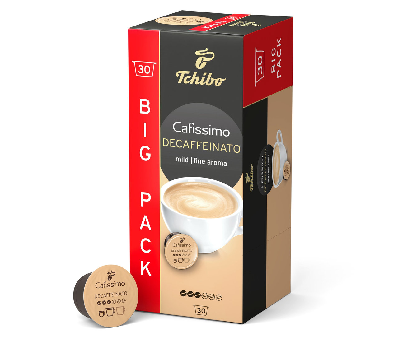 Un paquet de Cafissimo Decaffeinato - décaféiné - 30 capsules de Tchibo est debout. Une capsule est à côté.