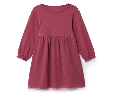 Robe en jersey rouge pour enfant avec manches longues, évasée.