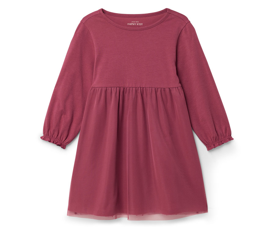 Robe en jersey rouge pour enfant avec manches longues, évasée.