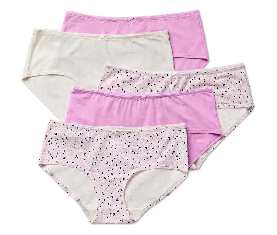 Cinq culottes pour femmes de différentes couleurs et motifs sont posées les unes sur les autres.