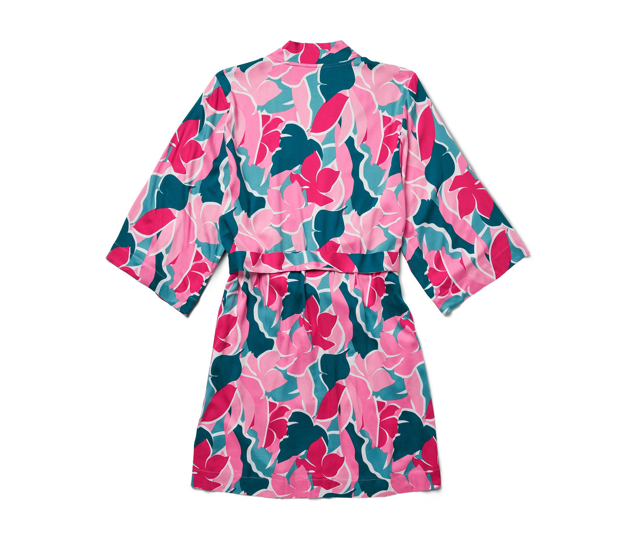 Vue arrière d'une robe de chambre à motifs floraux roses, verts et bleus.