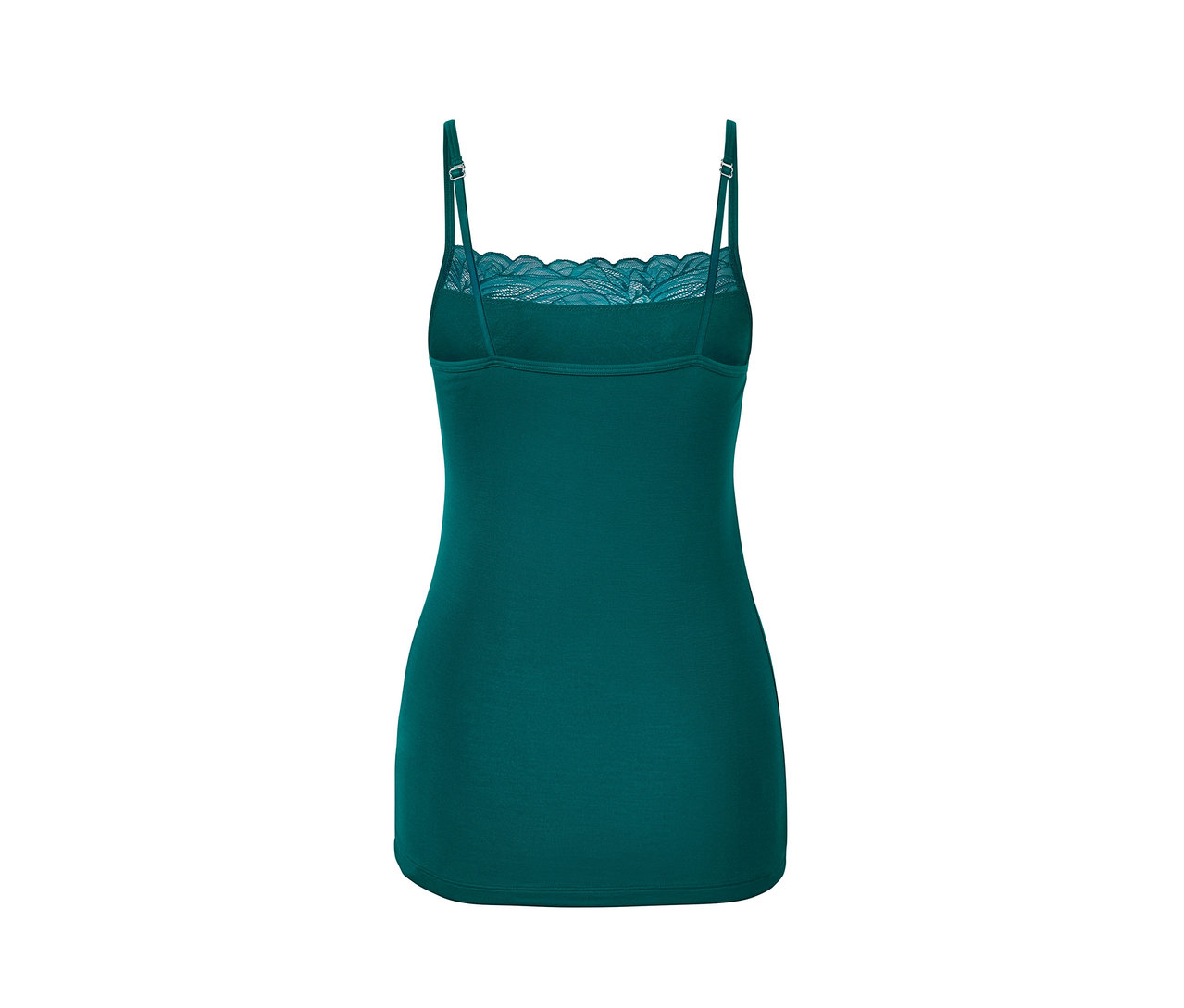 Vue arrière d'un caraco pétrole avec de la dentelle.