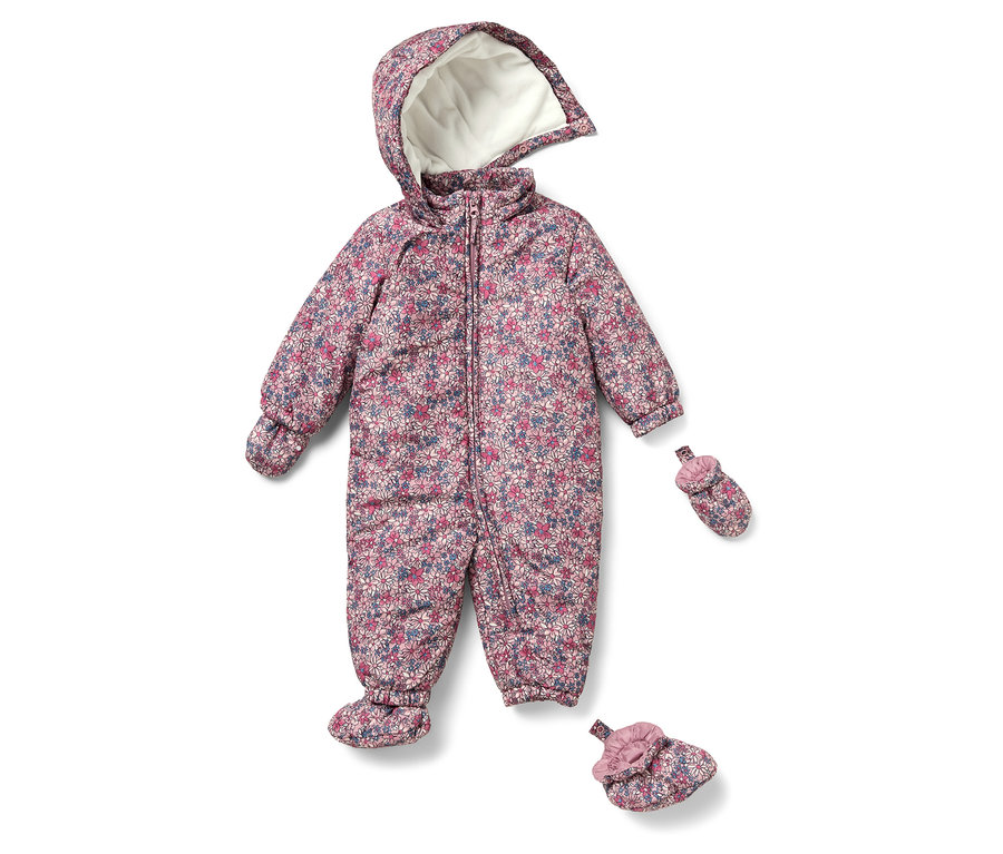 Combinaison d’hiver pour bébé à fleurs avec capuche, gants et chaussons.