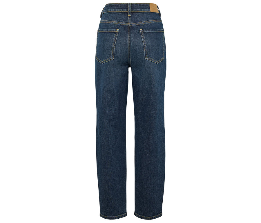 Vue arrière d'un jean taille haute bleu foncé.