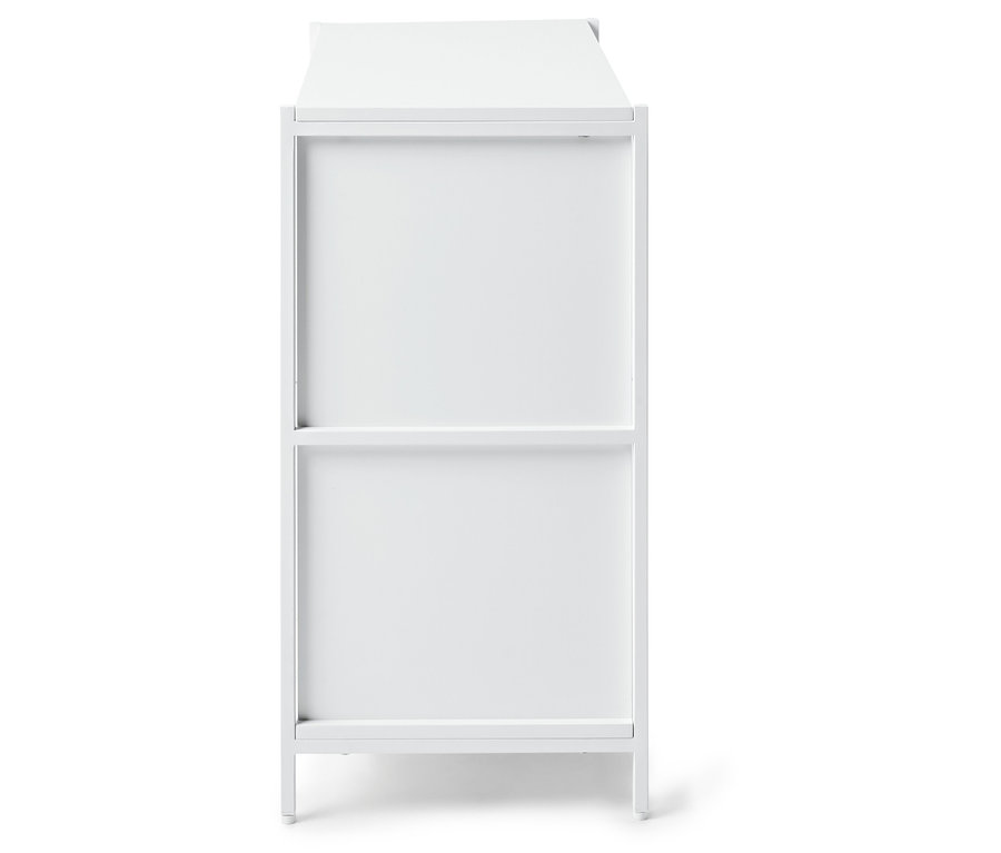 Table blanche avec deux étagères.