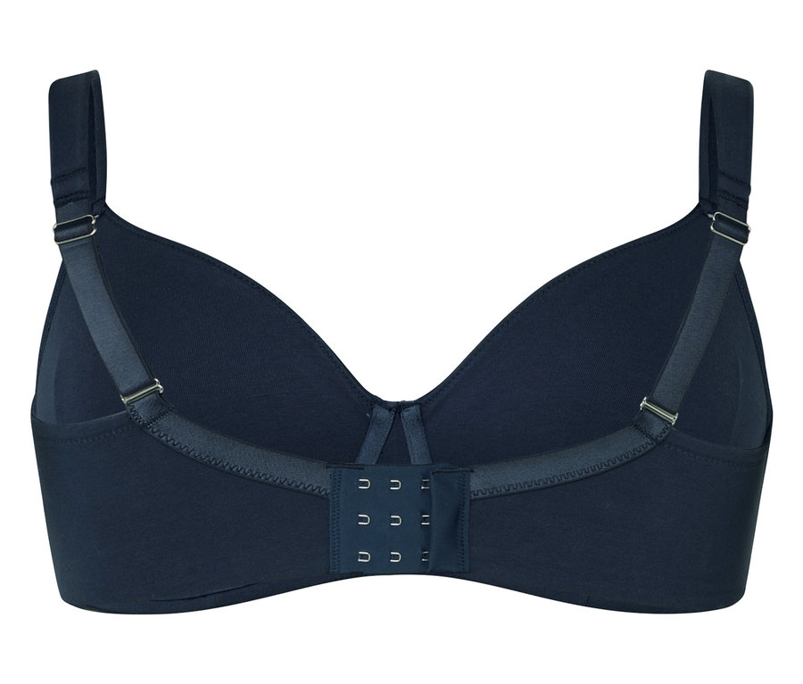 Vue arrière d'un soutien-gorge bleu foncé avec bretelles réglables et fermeture à agrafes.