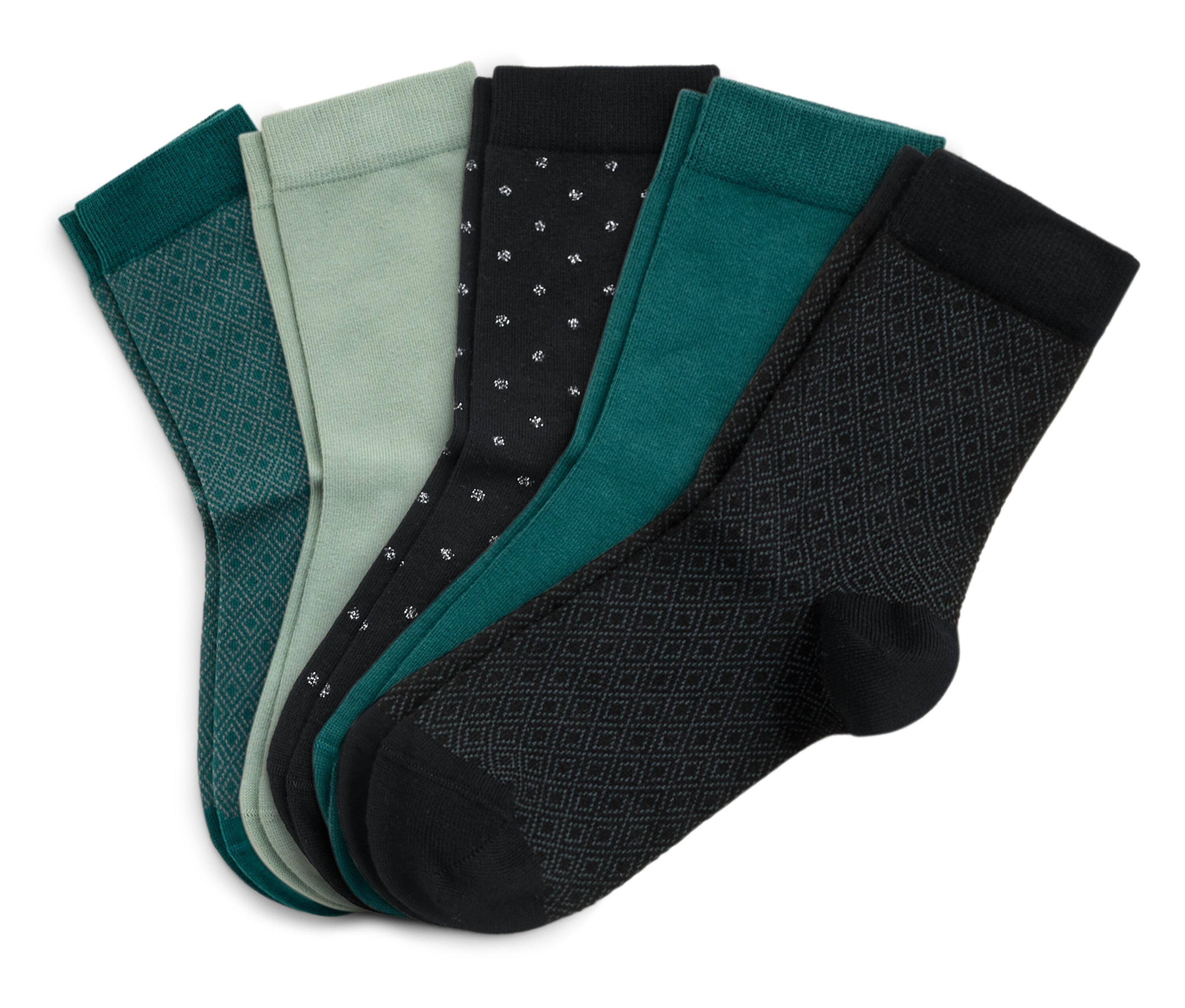 Cinq paires de chaussettes de différentes couleurs et motifs sont disposées côte à côte.