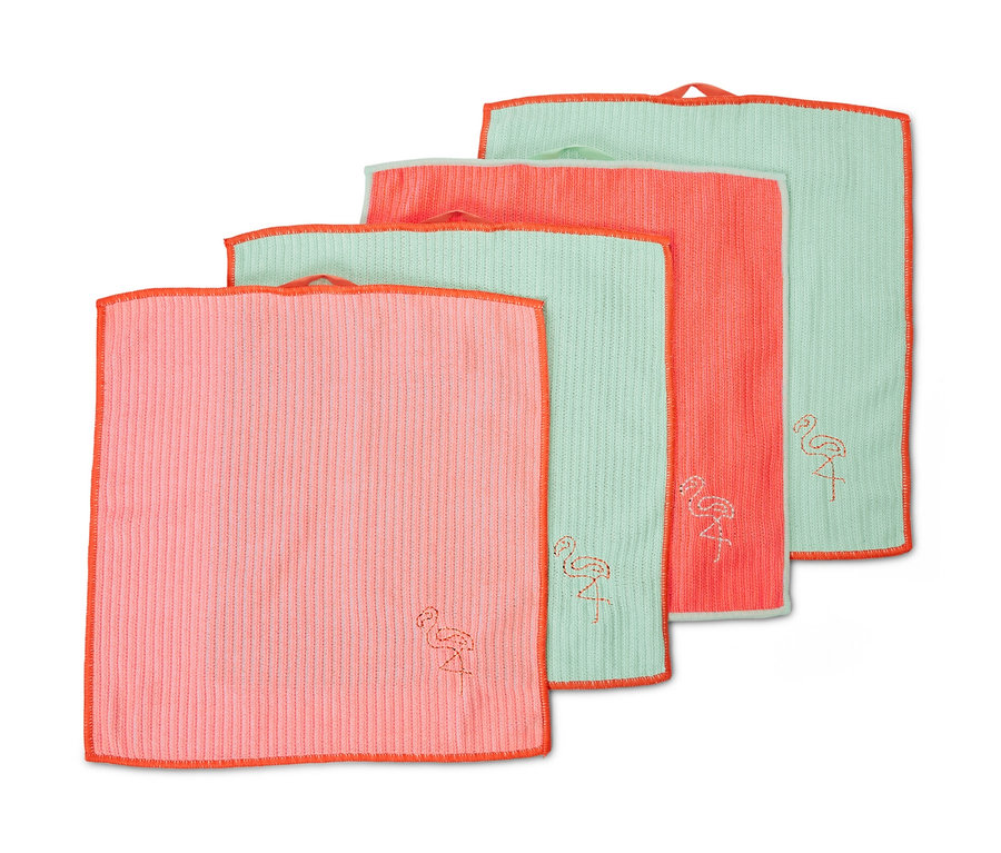 Quatre chiffons de nettoyage universels corail et menthe avec broderie flamant rose.