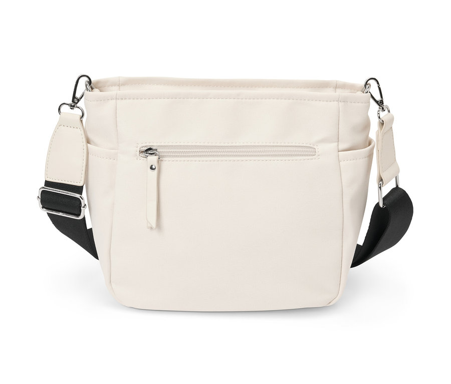 Sac banane en toile couleur crème avec une bandoulière noire.